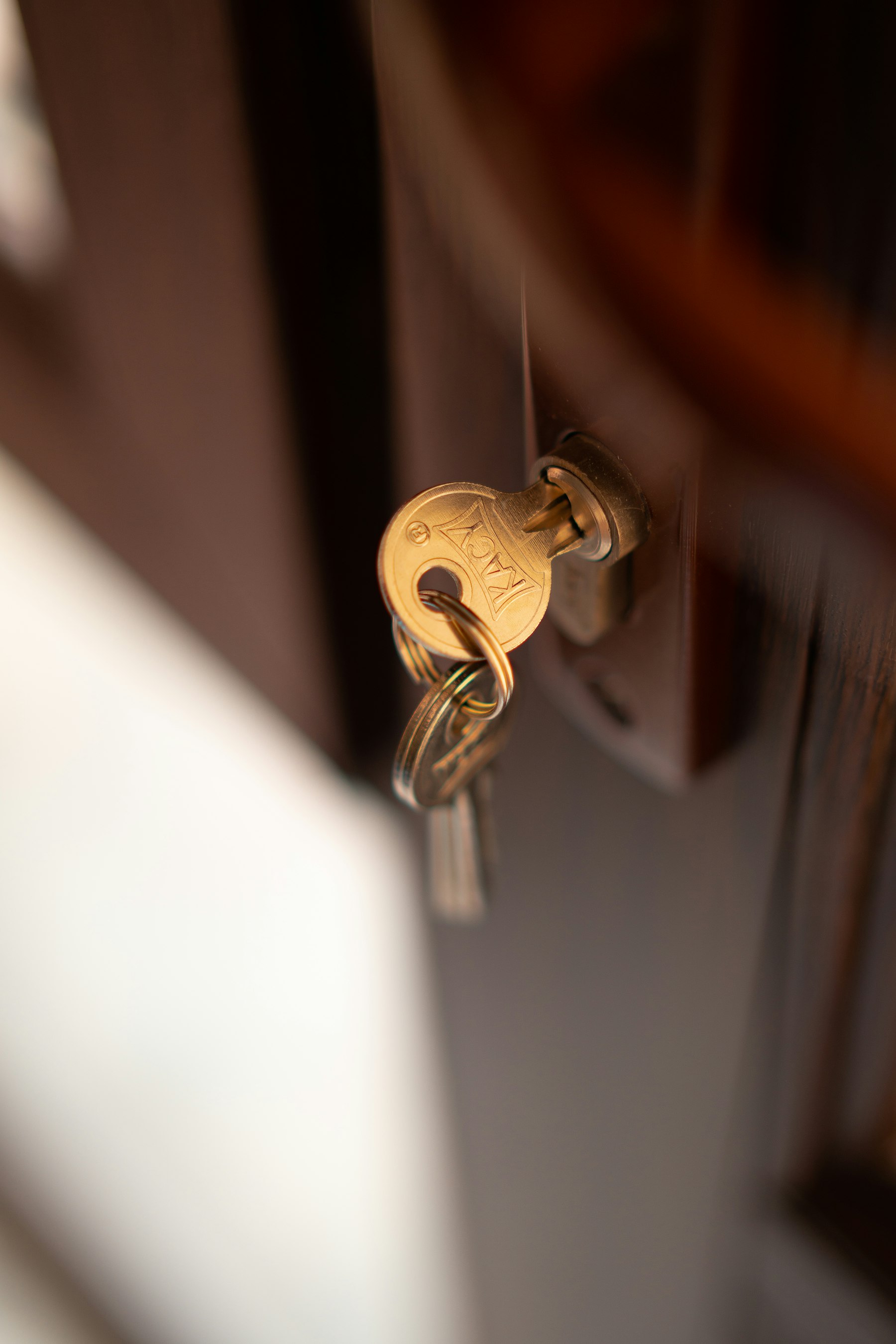 A key in a door lock, close up